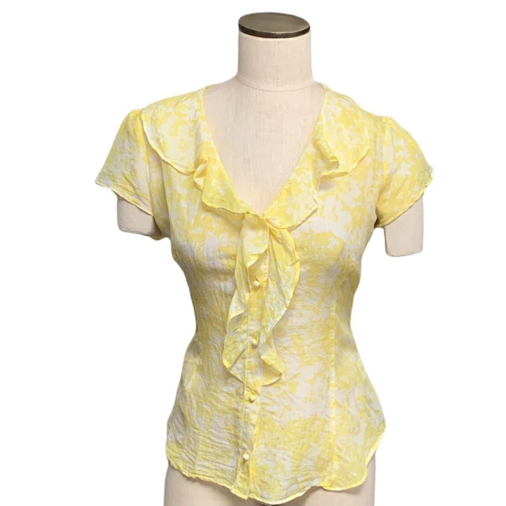 Banana Republic Silk Blend Ruffle Button Up Blouse Flutter Sleeve M Yellow 197B